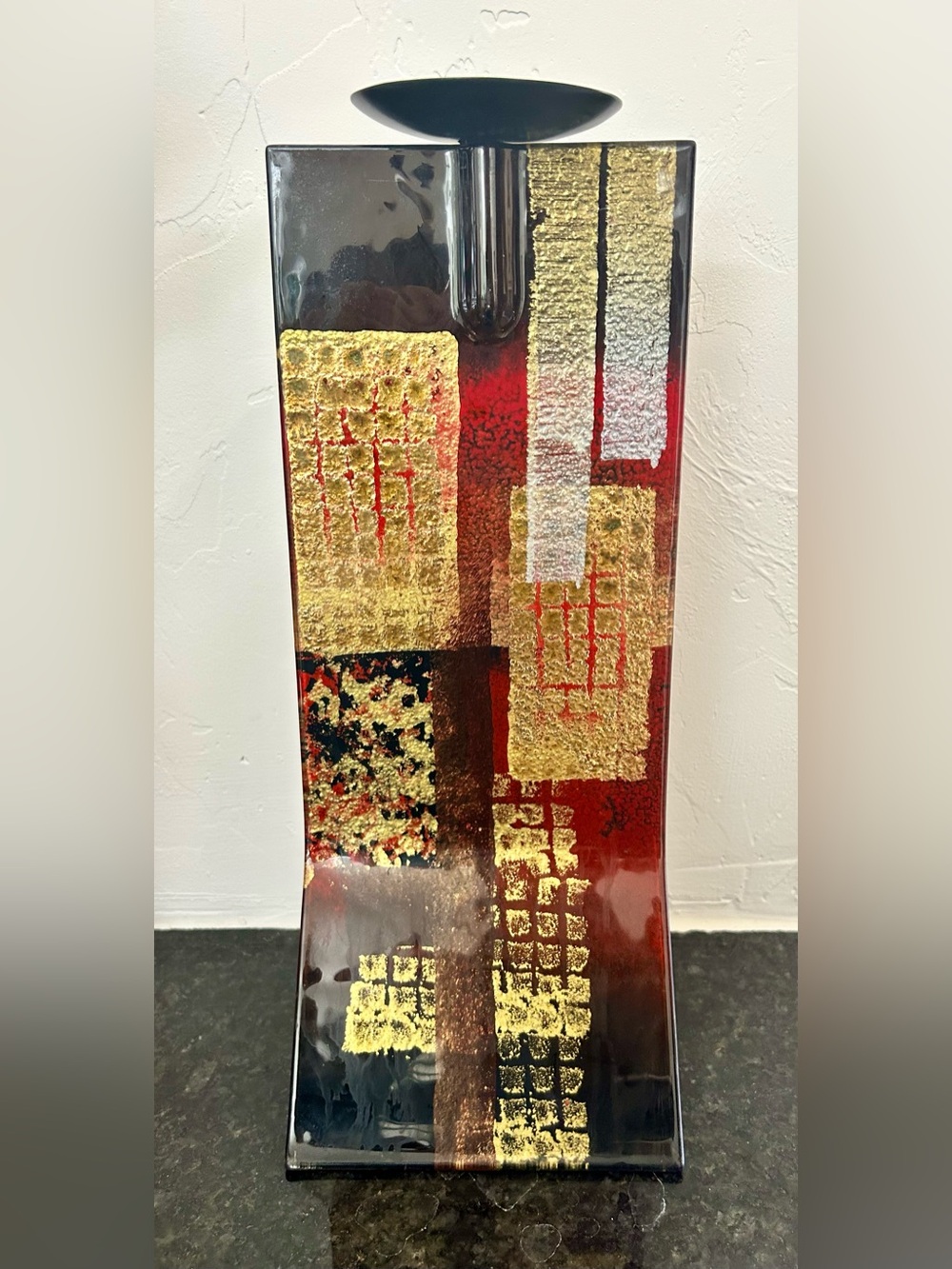 Tall 14" Abstract Fused Glass Candle Holder Metal Stand Red Black Gold Art Piece